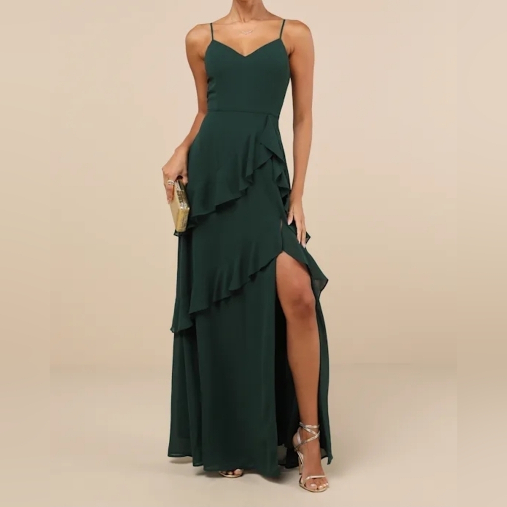 Lulus Blessed with Beauty Forest Green Ruffled Sleeveless Maxi Dress, Size XL